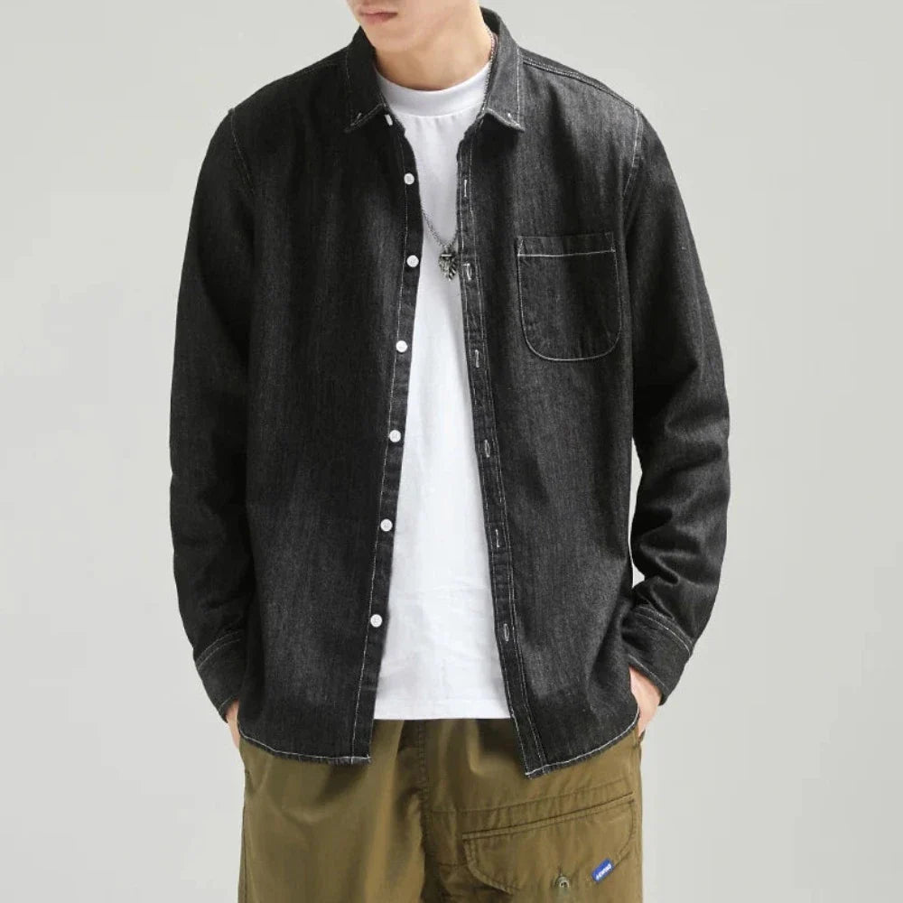 Mens Long Sleeve Single Pocket Denim Shirt - cas7m