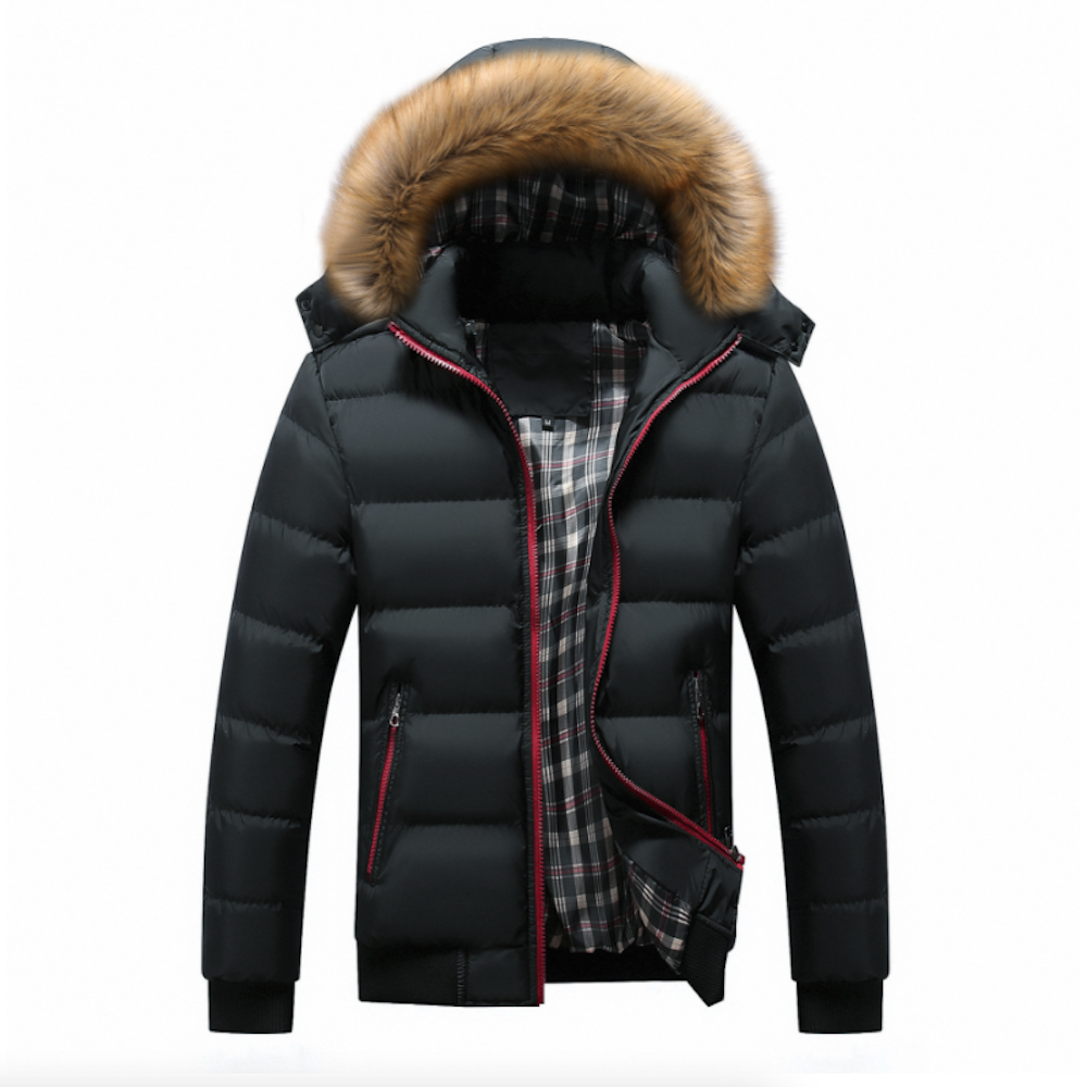 The Yellow Pandora Mens Two Tone Puffer Jacket with Removable Hood features black fabric, a faux fur collar, red zipper accents, and a plaid inner lining, shown on a white background.