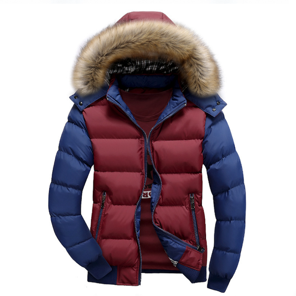 The Yellow Pandora Mens Two Tone Puffer Jacket features blue sleeves, maroon front, removable hood with faux fur collar, dark lining, and zippered pockets—a stylish and functional coat for cold weather comfort.