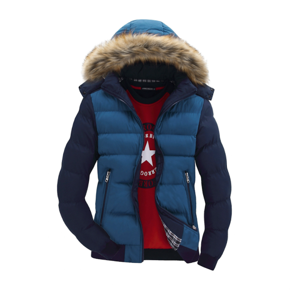 Yellow Pandora Mens Two Tone Puffer Jacket with Removable Hood features blue and navy panels, a brown faux fur-trimmed hood, and is shown layered over a red T-shirt with a white star graphic on a white background.