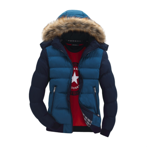 Yellow Pandora Mens Two Tone Puffer Jacket with Removable Hood in blue and navy, featuring zippered pockets and visible plaid lining, styled over a red shirt with a white star and text. Faux fur collar detail.