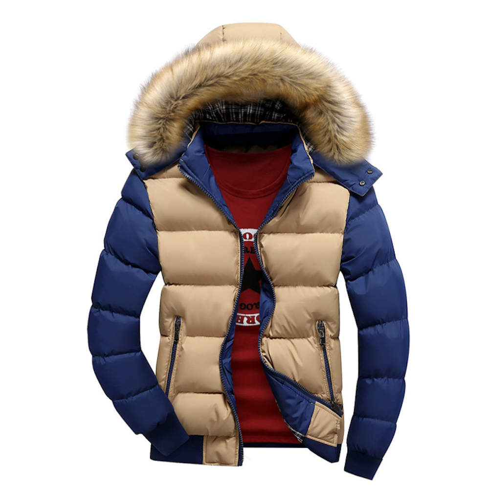 The Yellow Pandora Men's Two Tone Puffer Jacket features beige and blue panels, a removable hood, faux fur collar, and zippered front pockets, styled here over a red shirt with a white and black graphic print.