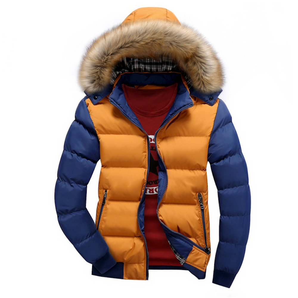 The Yellow Pandora Mens Two Tone Puffer Jacket features a removable hood, orange and blue color blocks, faux fur collar, and plaid lining. Shown open over a red shirt, this stylish coat offers comfort and rugged winter style.