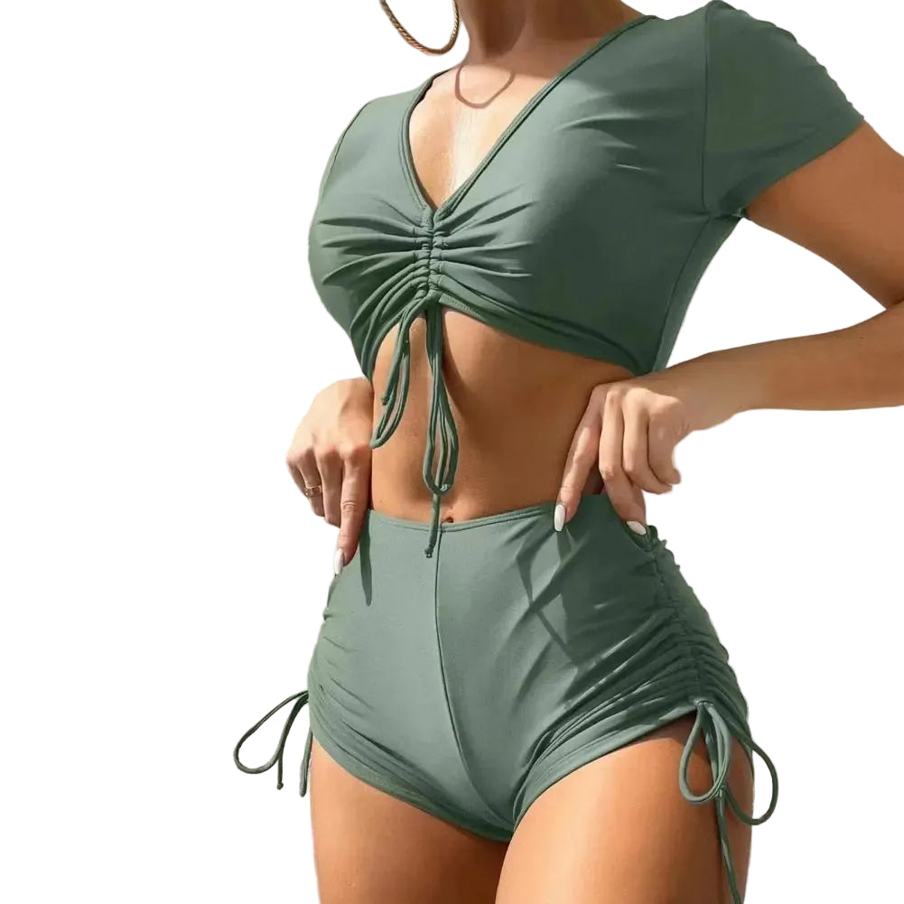 Women Summer Bikini Set V-Neck Short Sleeve Tops High Waist Drawstring