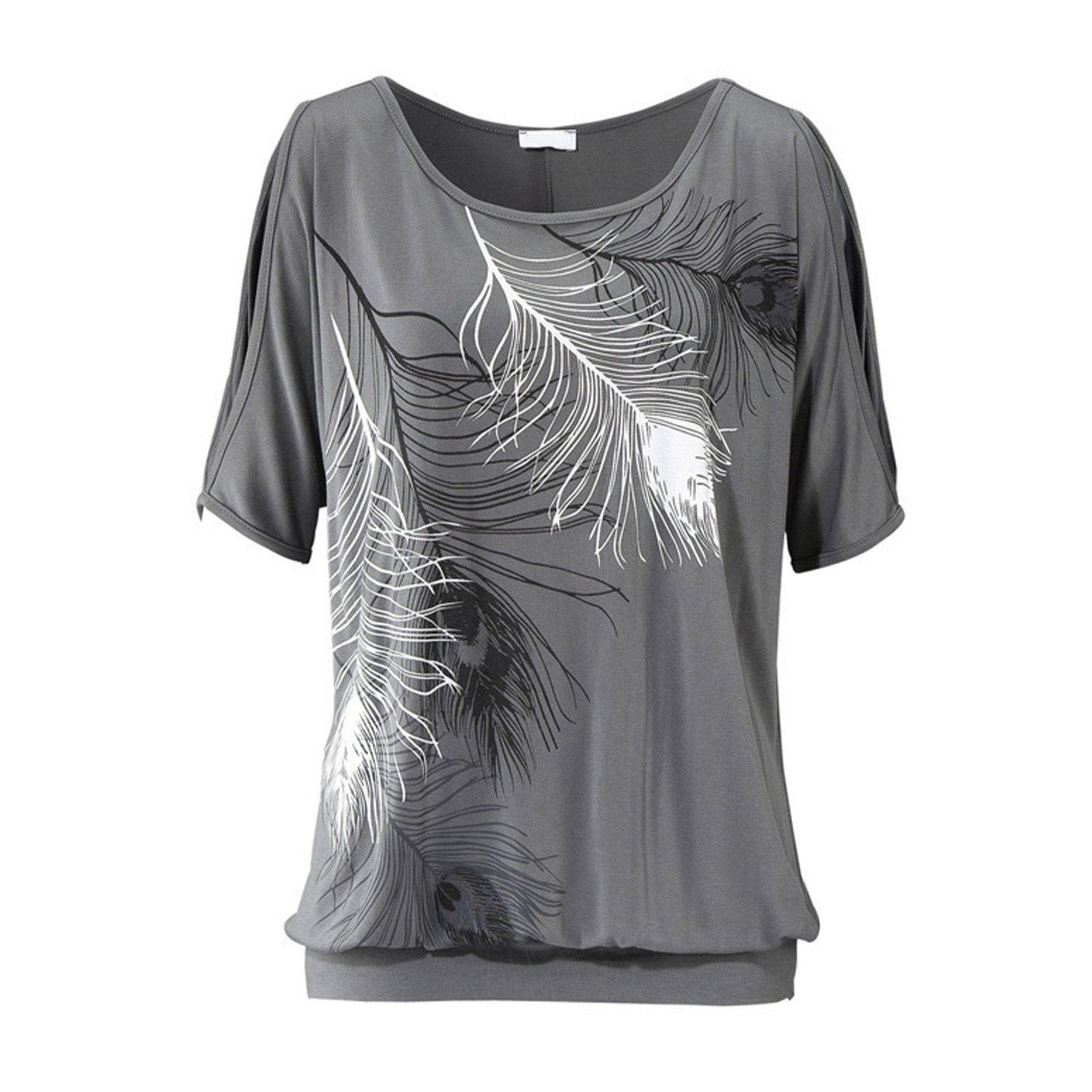 Womens Cut Shoulder Casual T Shirt with Feather Print - cas7m