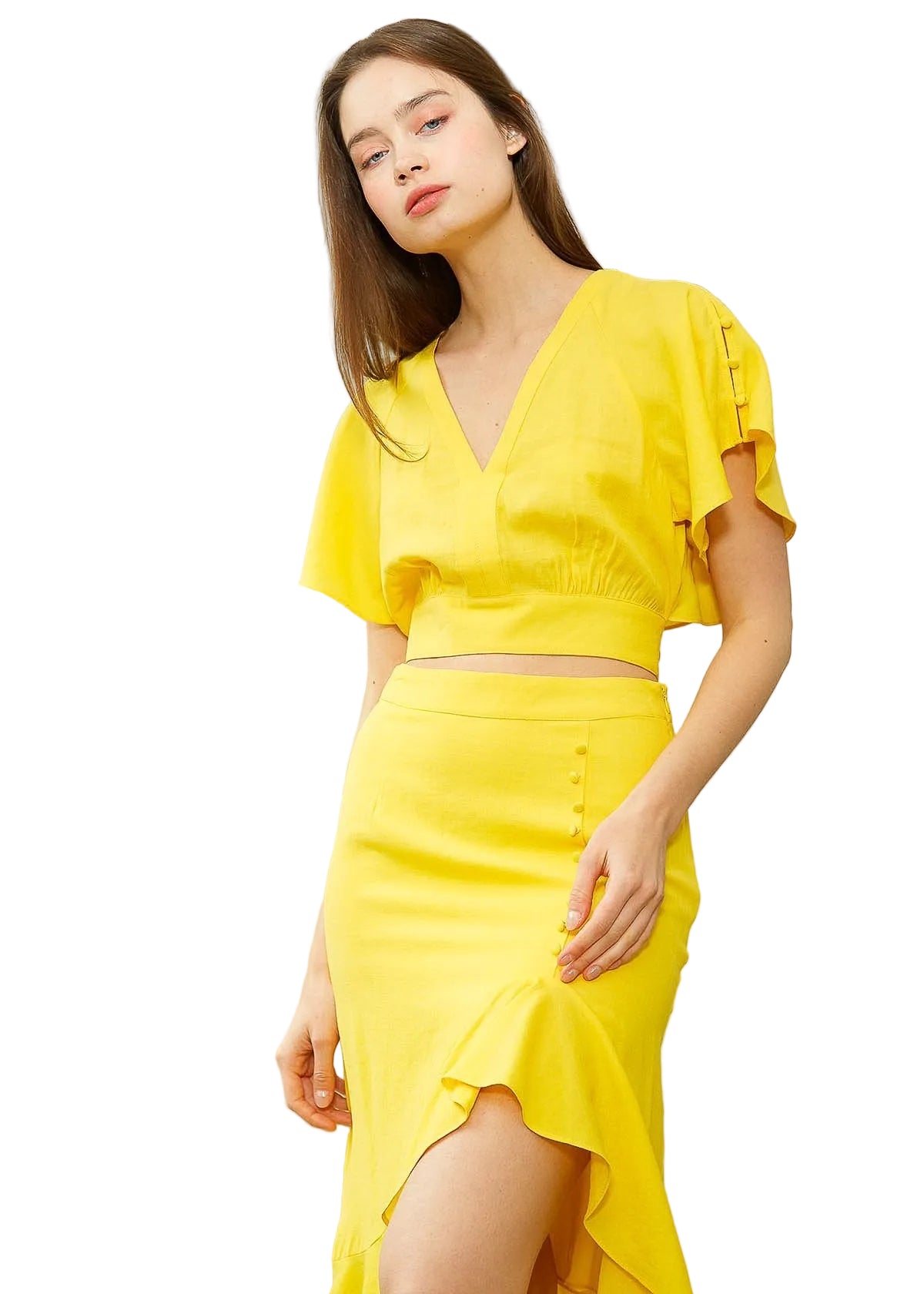 Women's Asymmetrical Hem Button Front Skirt in Yellow