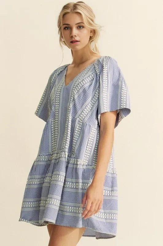 Davi & Dani Embroidered Stripe Ruffled Gingham Mini Dress - cas7m