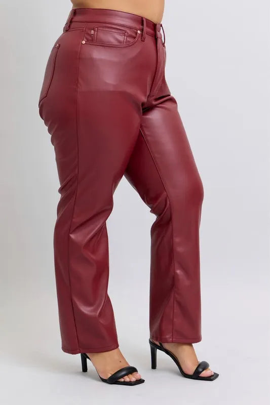 Judy Blue Full Size High Waist Tummy Control Faux Leather Straight Pants Plus Size - cas7m