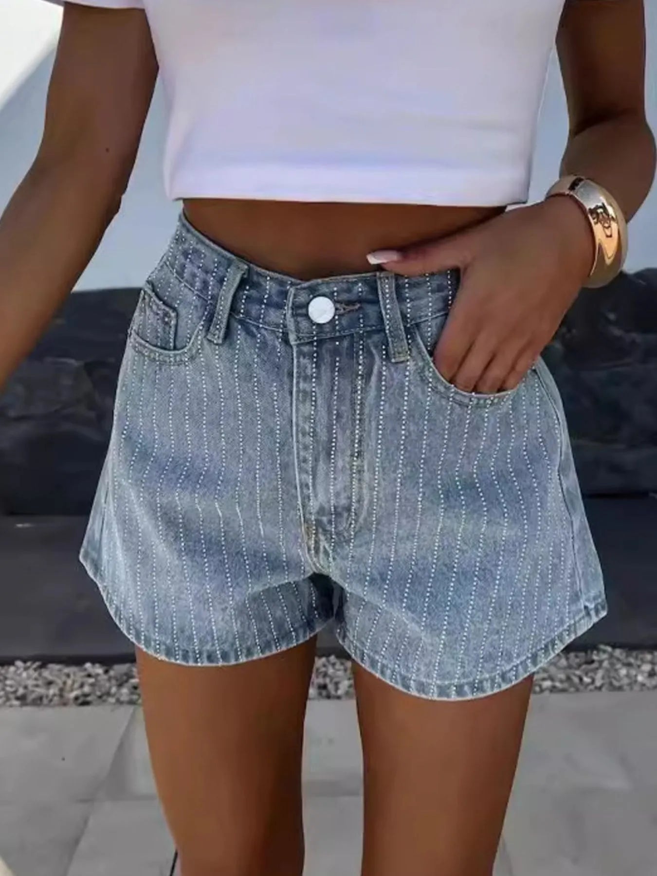 High Waist Wash Denim Shorts - cas7m
