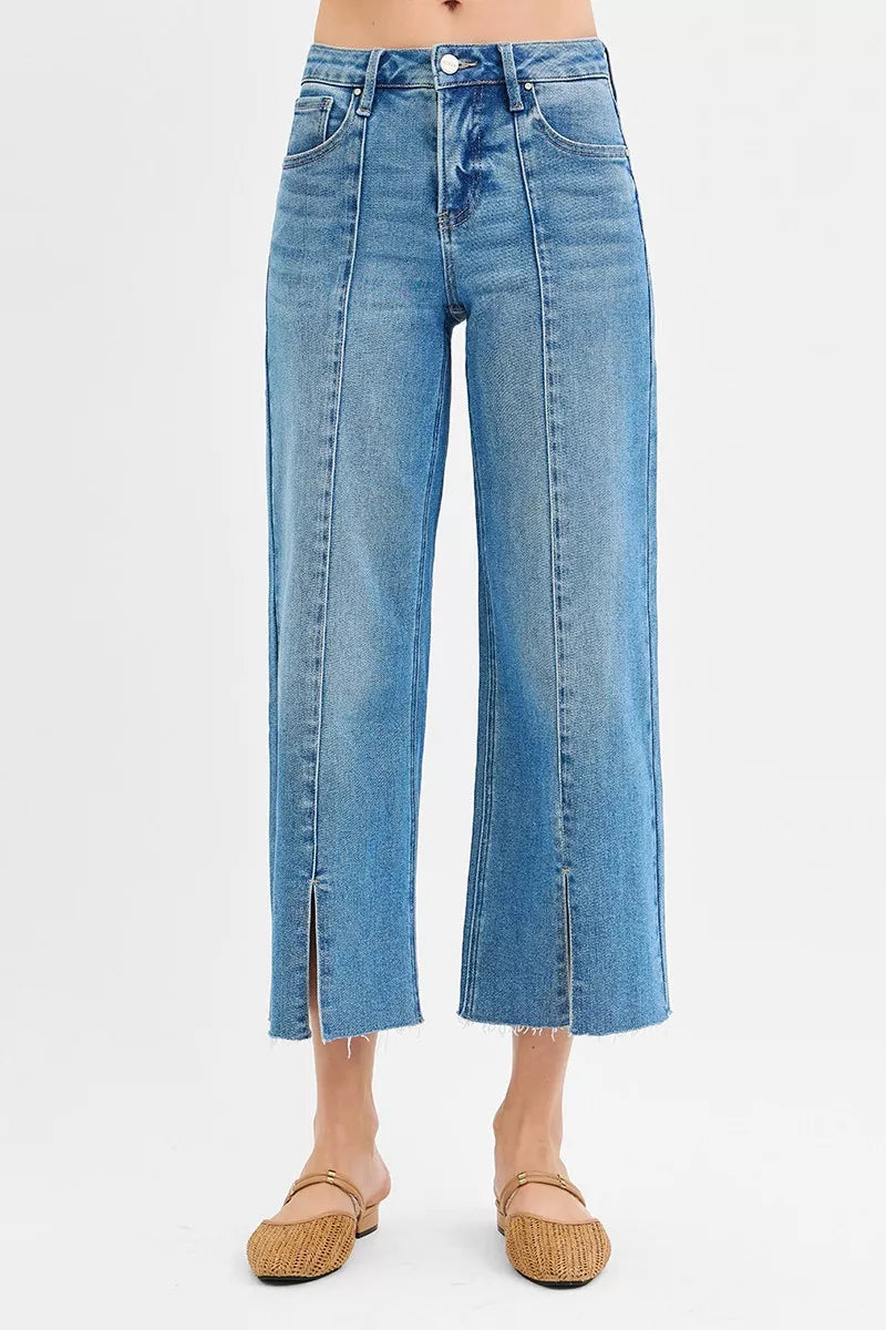 RISEN Tummy Control Mid Rise Crop Wide Front Slit Jeans - cas7m