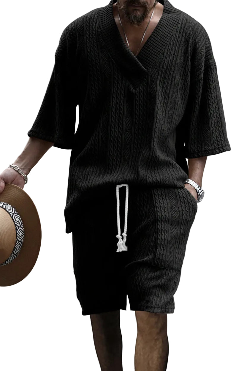 Men's Full Size Casual Knit V-Neck Short Sleeve Top and Shorts Set Plus Size - cas7m