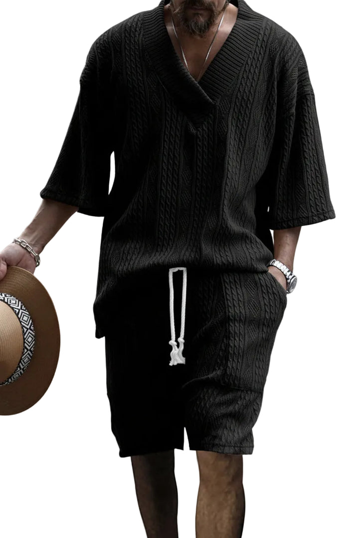 Men's Full Size Casual Knit V-Neck Short Sleeve Top and Shorts Set Plus Size - cas7m