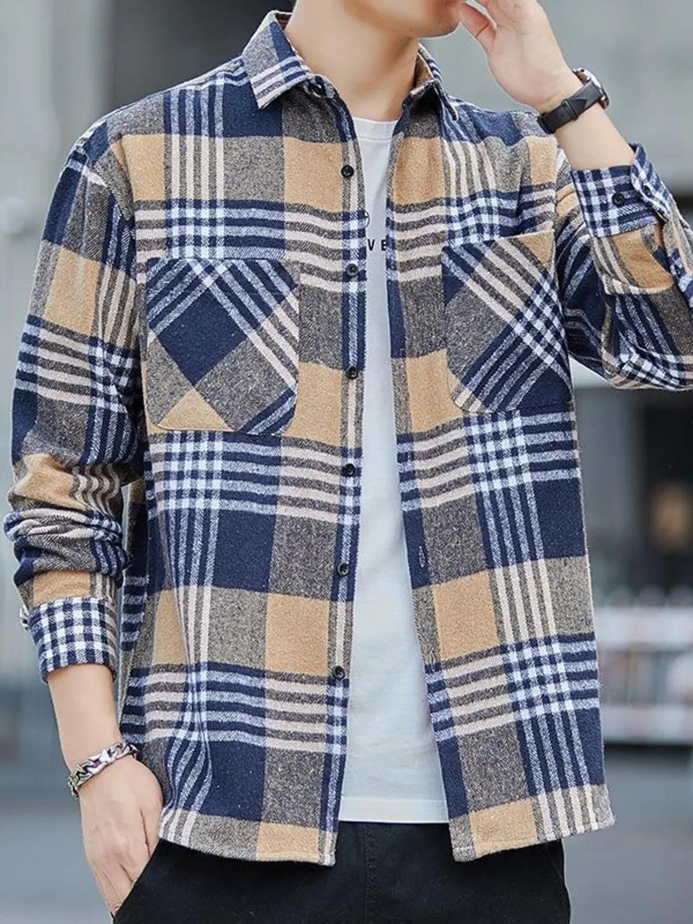 Men's Plus Size Casual Plaid Long Sleeve Shirt - cas7m