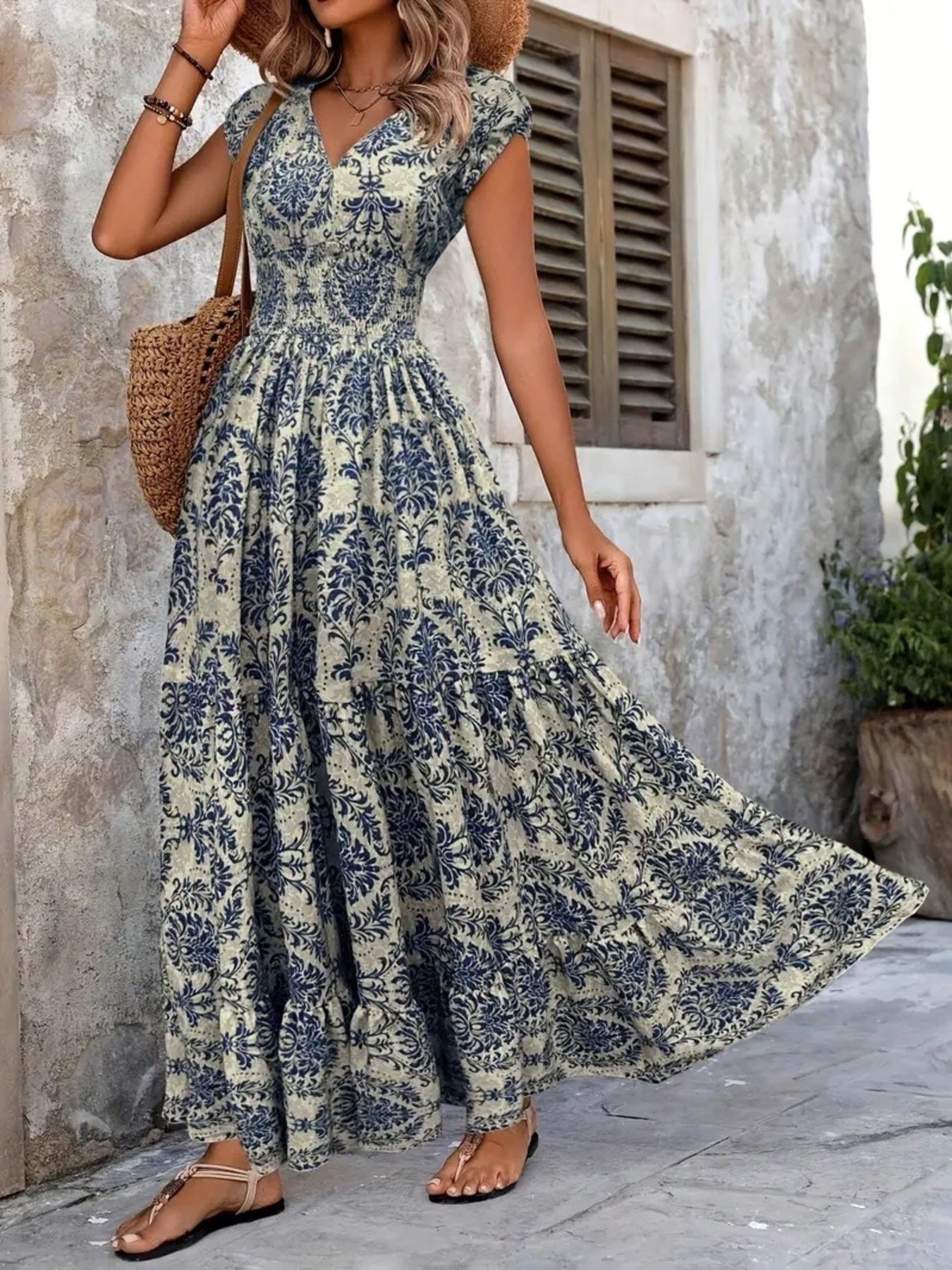 Printed Cap Sleeve Maxi Dress - cas7m