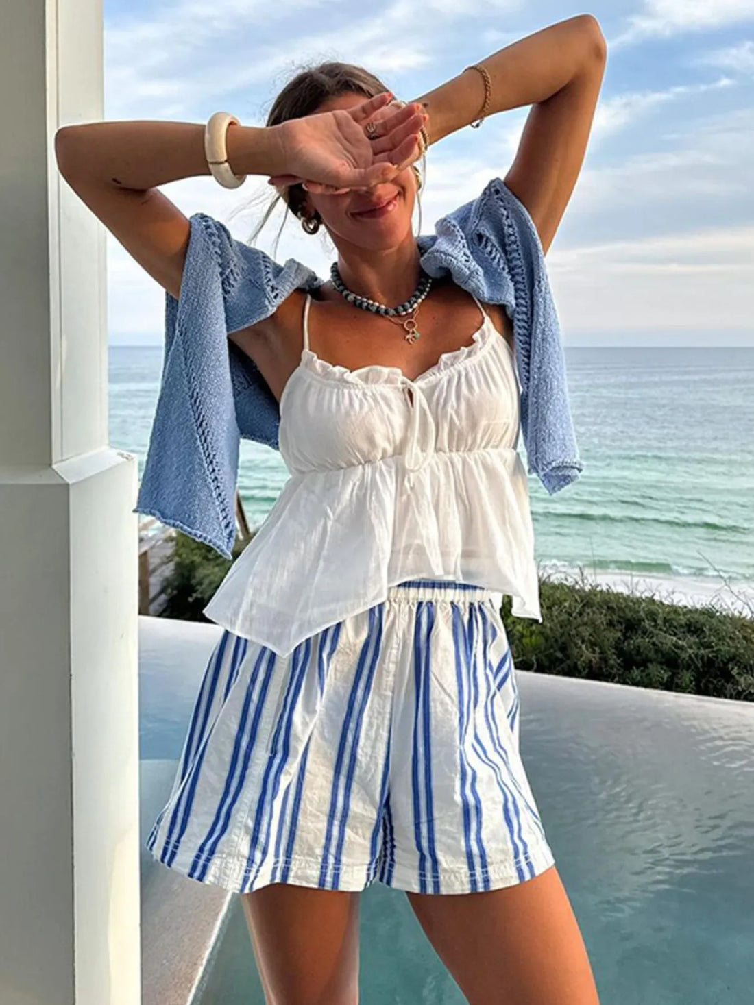 Striped High-Waist Linen Blend Summer Shorts - cas7m