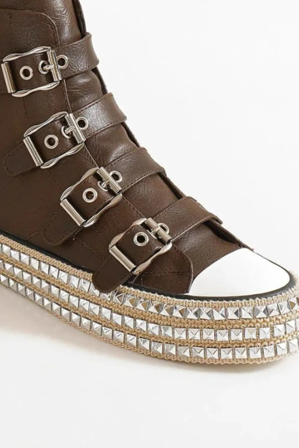 Beast Fashion Multi-Buckle Straps Studded Platform Sneakers - cas7m