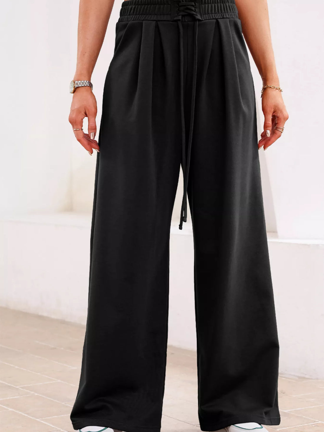 Tied Elastic High Waist Pleated Detail Solid Sweatpants - cas7m