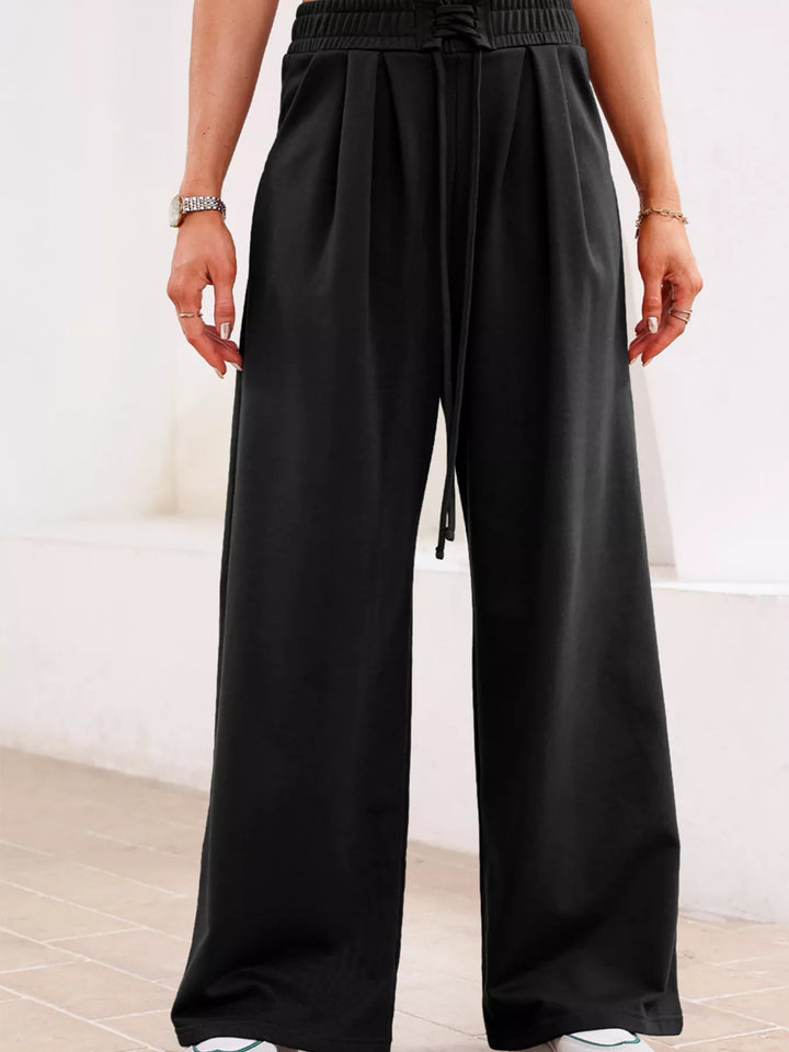Tied Elastic High Waist Pleated Detail Solid Sweatpants - cas7m