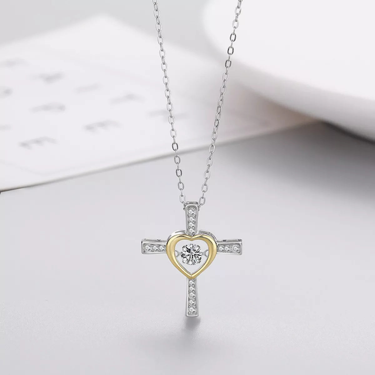 925 Sterling Silver Heart Cross Necklace - cas7m