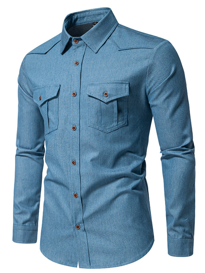 Men's Casual Long Sleeve Denim Shirt with Pockets - cas7m