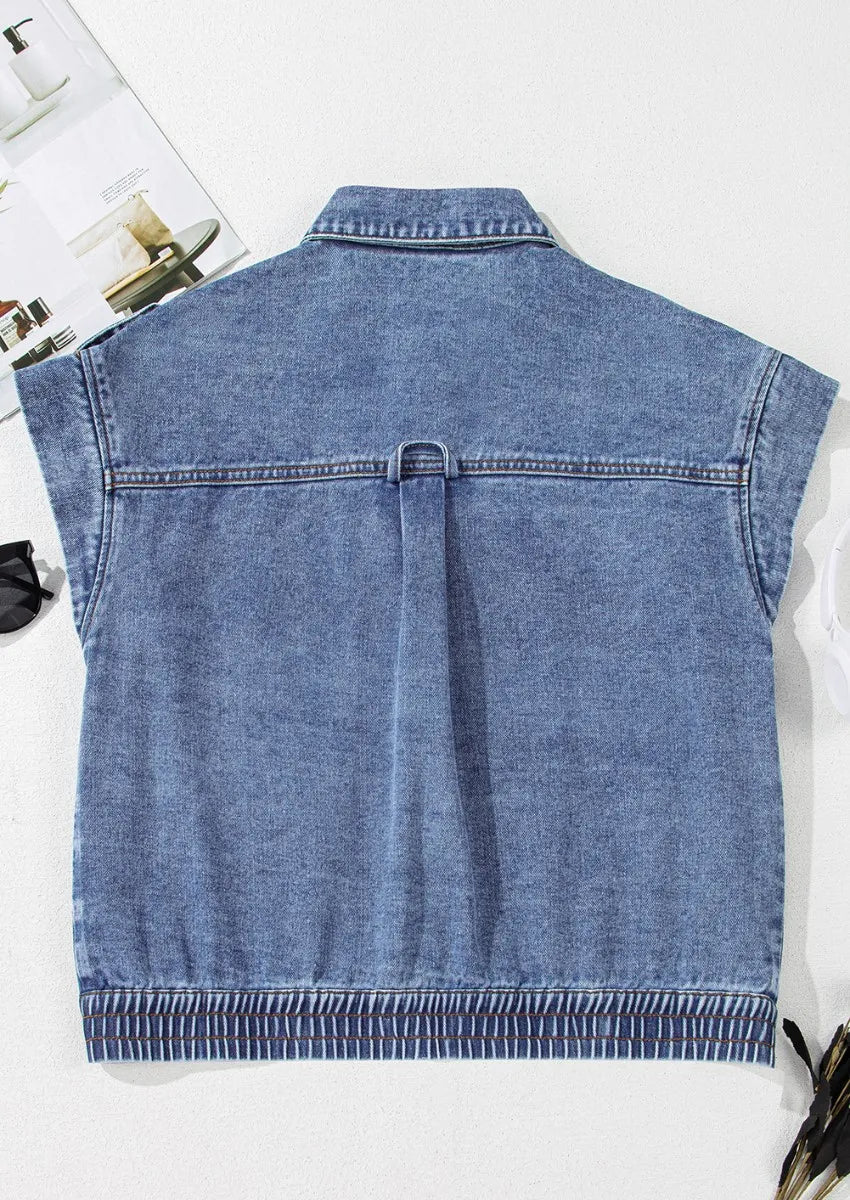 Button Up Cap Sleeve Denim Jacket - cas7m