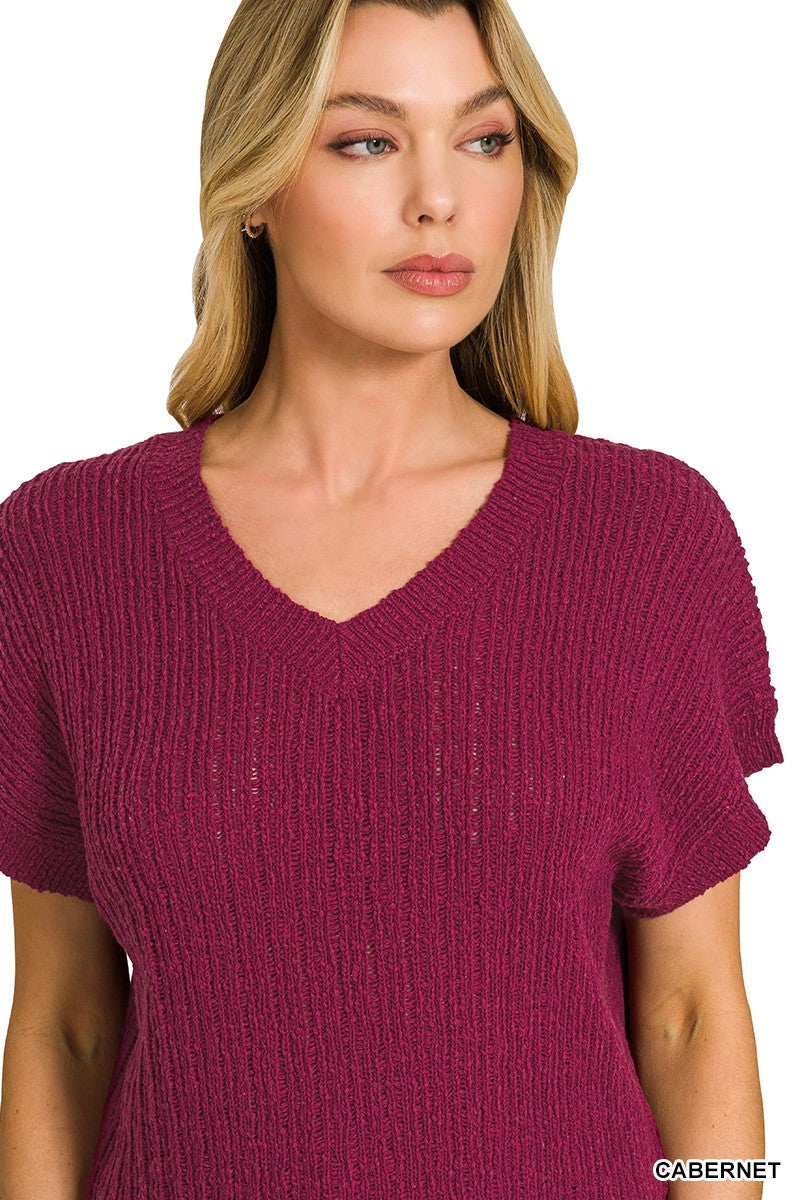 Zenana Textured Knit V-Neck Cropped Sweater - cas7m