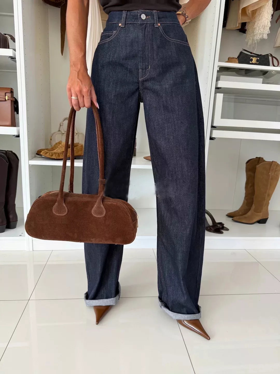 High-Waisted Wide-Leg Washed Jeans - cas7m
