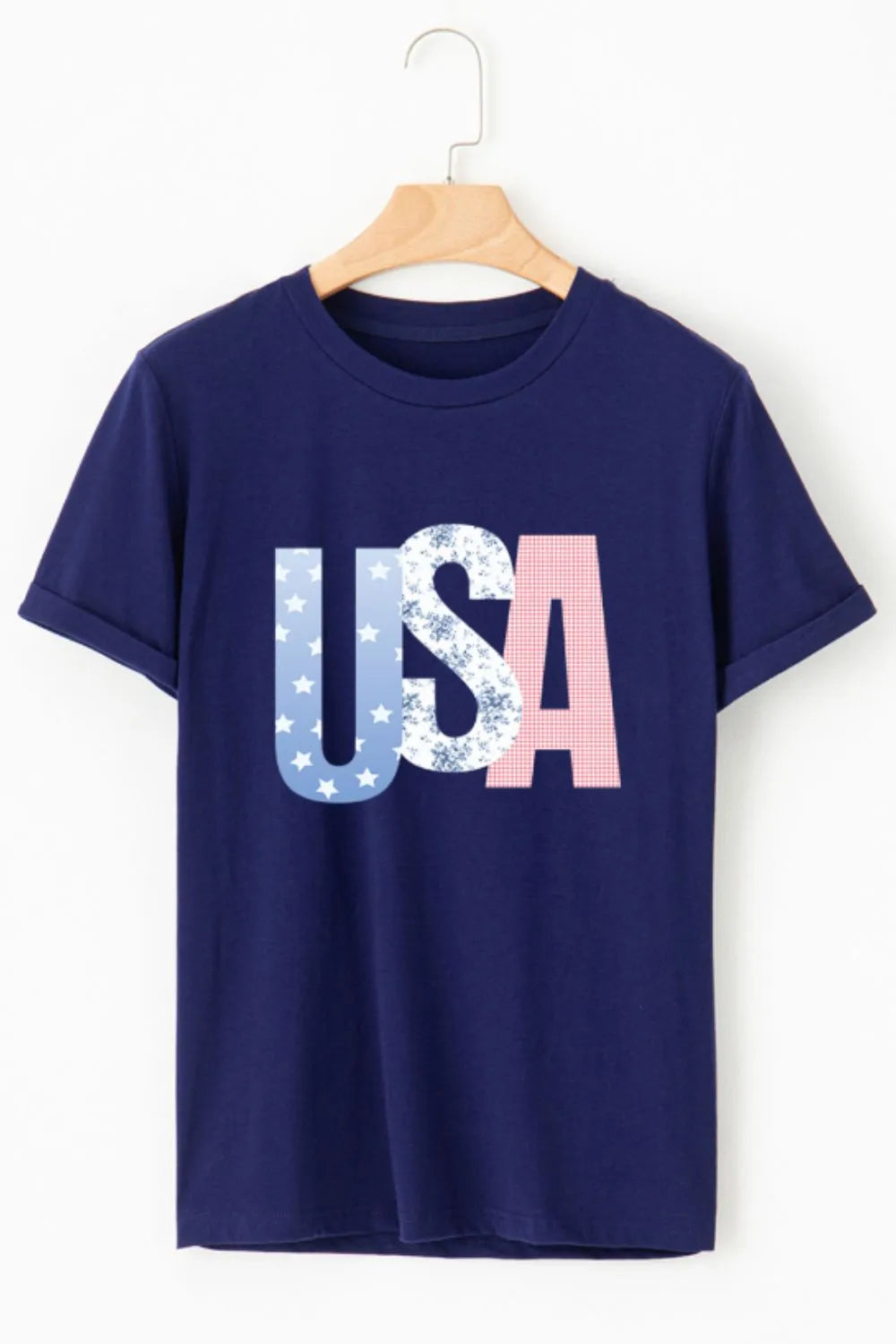 USA Letter Round Neck T-Shirt - cas7m