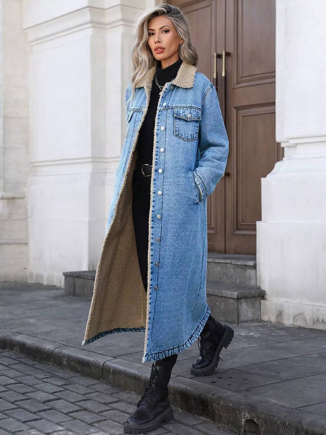 Sherpa Lined Longline Denim Jacket - cas7m