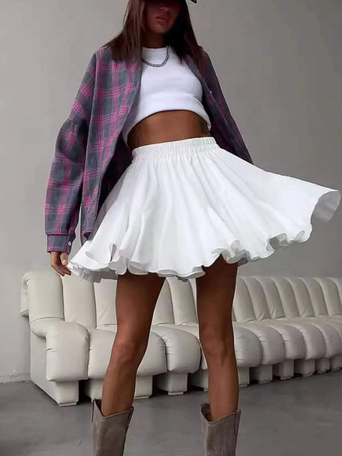 Elastic Waist Ruffled Hem Skirt - cas7m