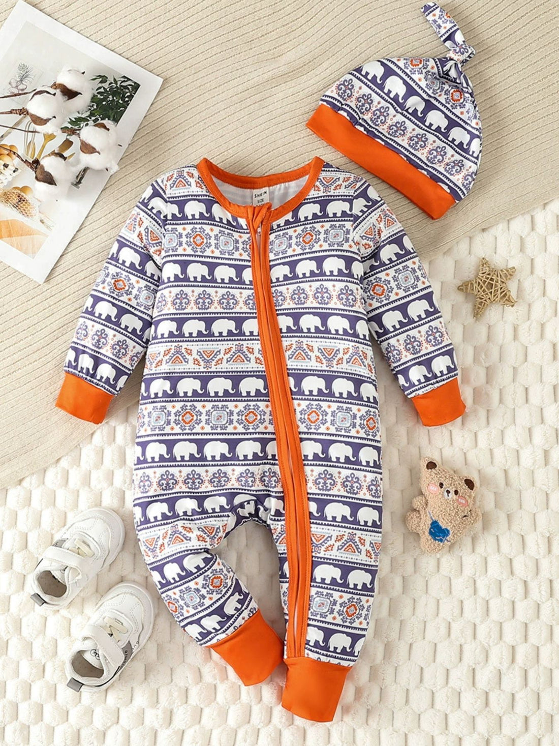 Children's Elephant Print Jumpsuit & Hat Set - cas7m