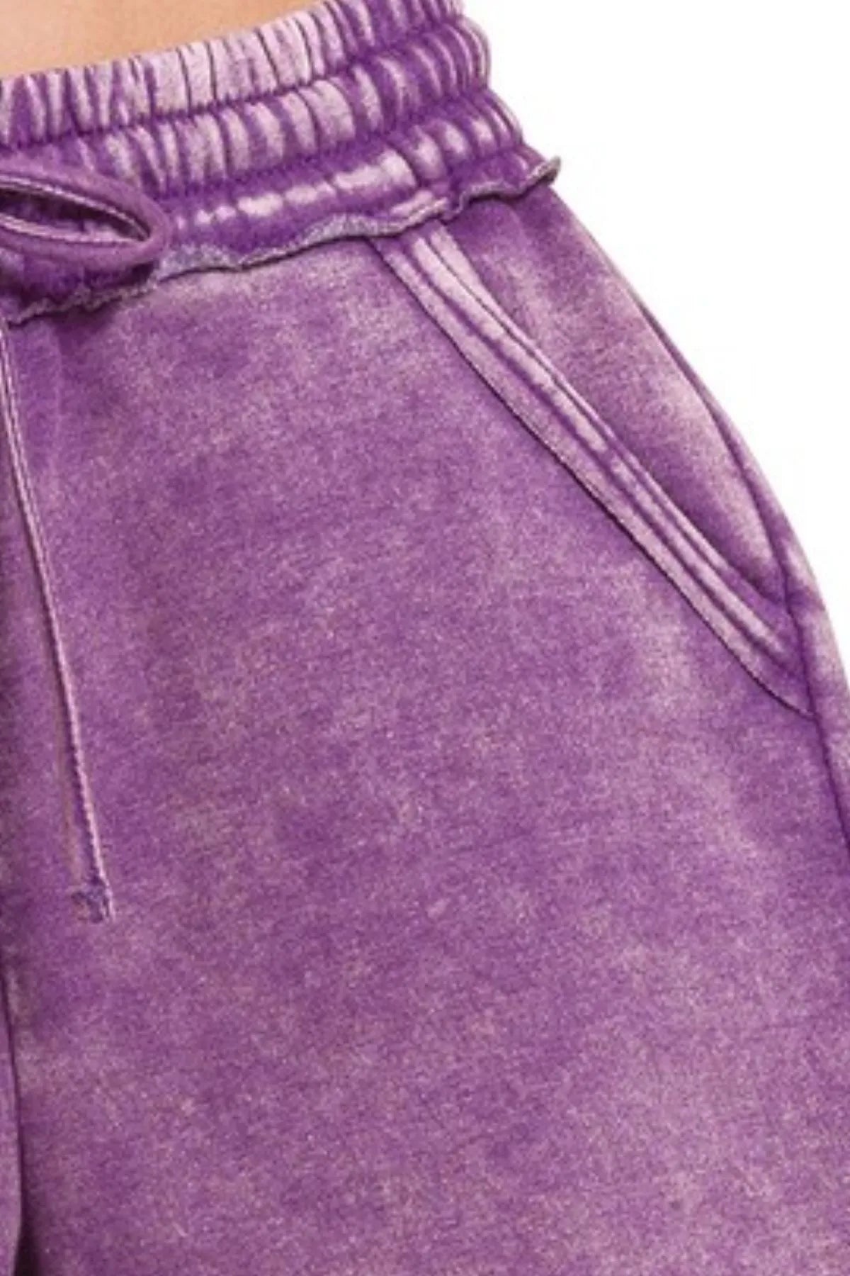 Zenana Acid Wash Fleece Drawstring Shorts With Pockets - cas7m