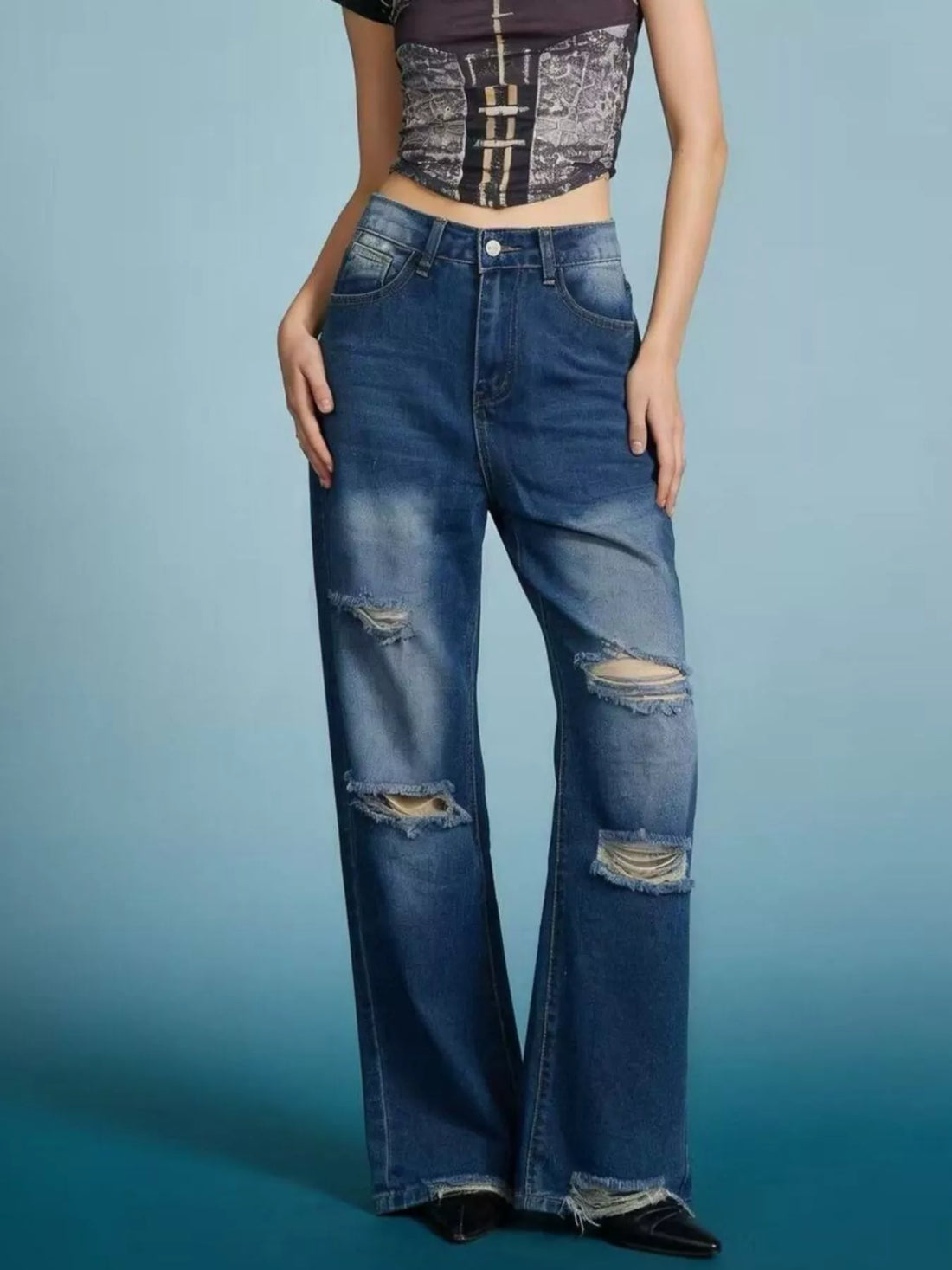 Distressed Wide Leg Jeans - cas7m