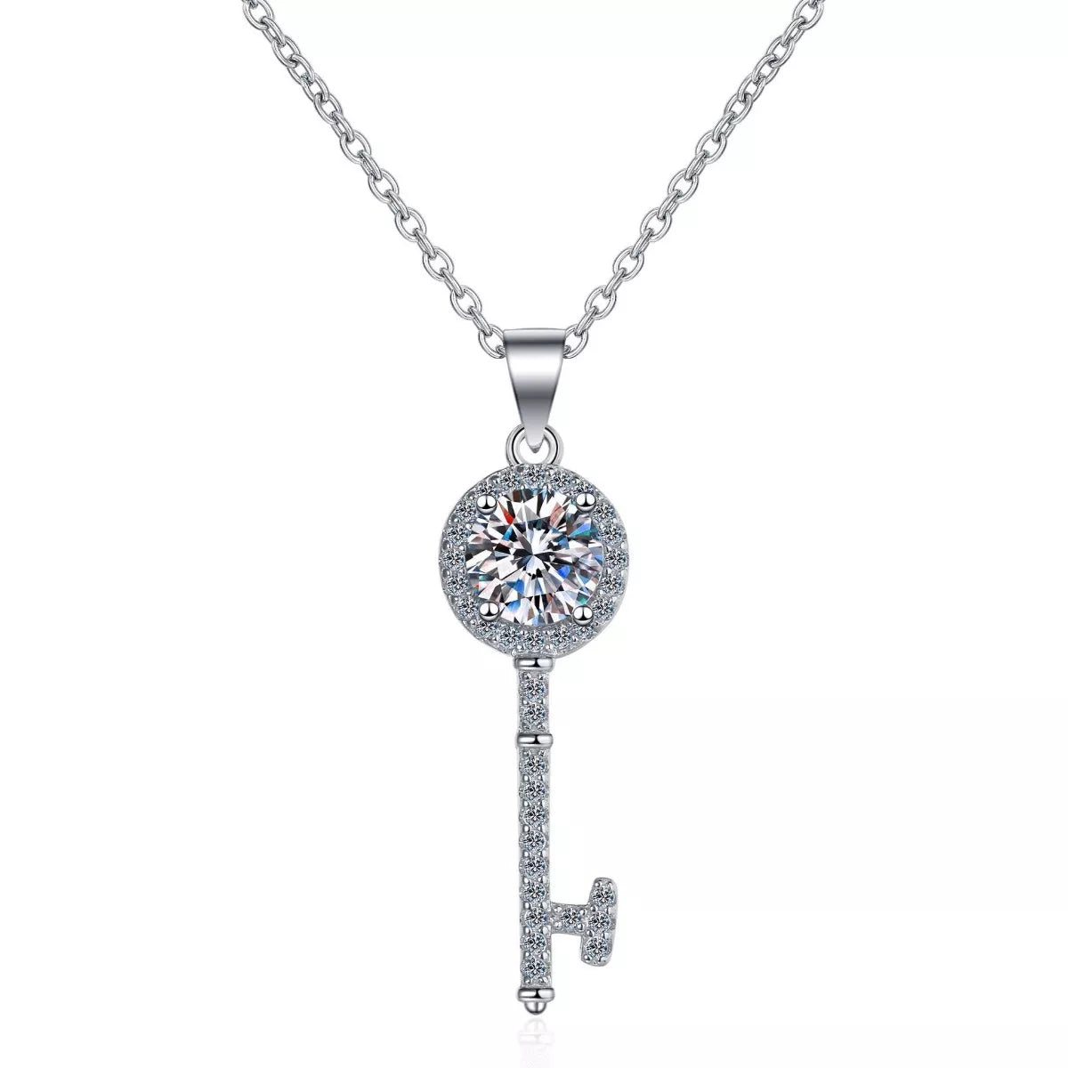 1 Carat 925 Sterling Silver Moissanite Key Pendant Necklace - cas7m