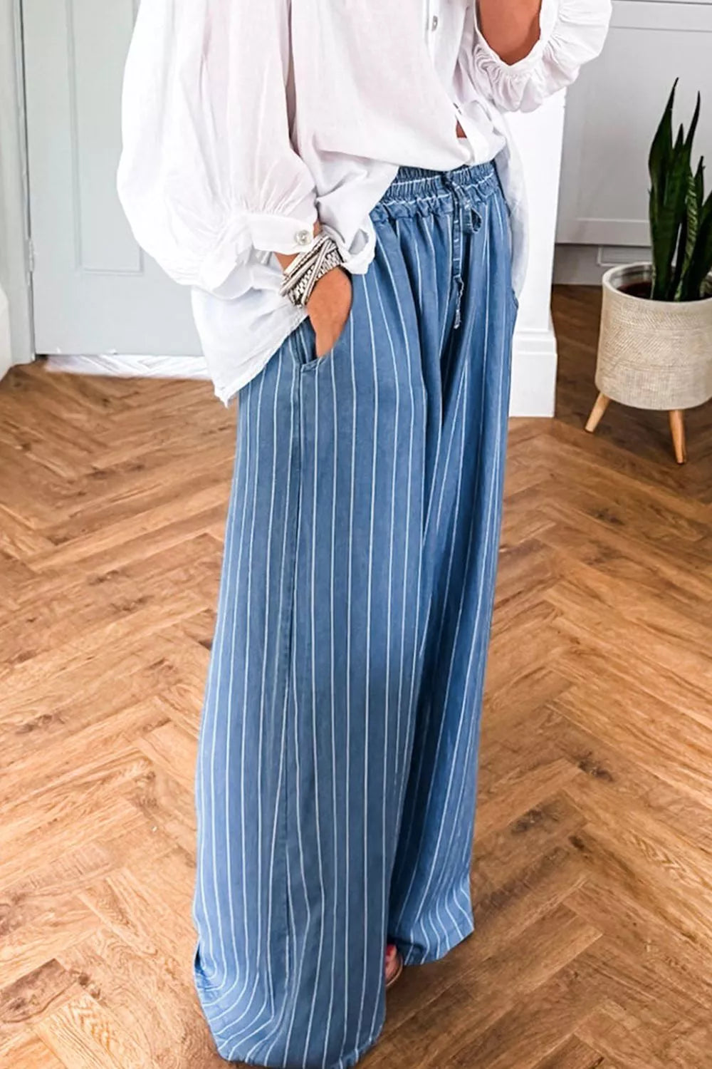Stripe Chambray Wide Leg Tied Elastic Waist Jeans - cas7m