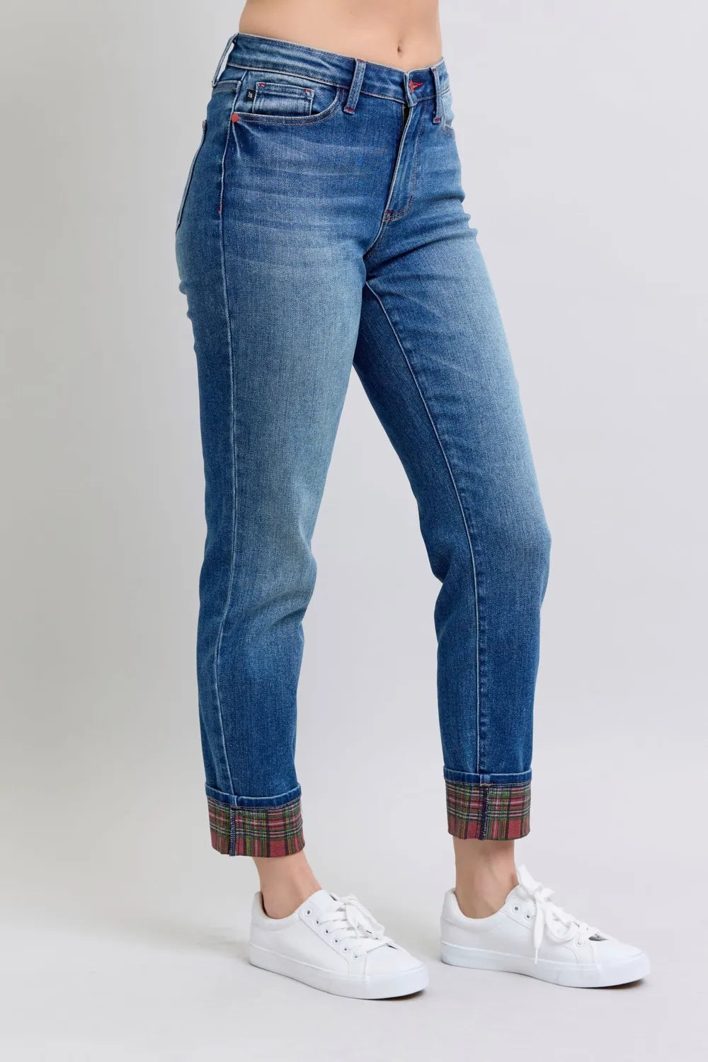 Judy Blue Full Size Plaid Print Cuff Straight Leg Jeans with Pockets - cas7m
