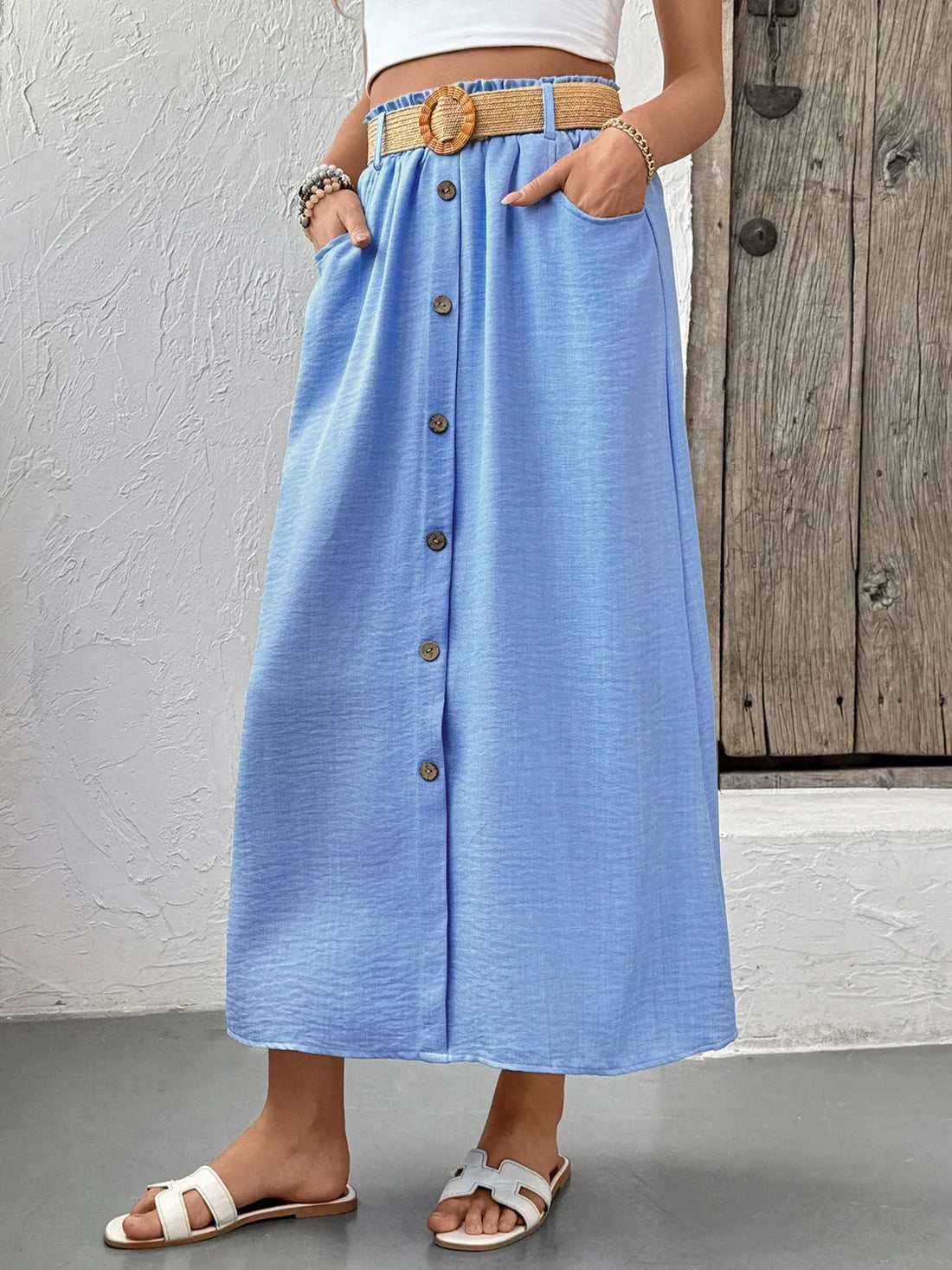 Decor Button Front Midi Skirt - cas7m