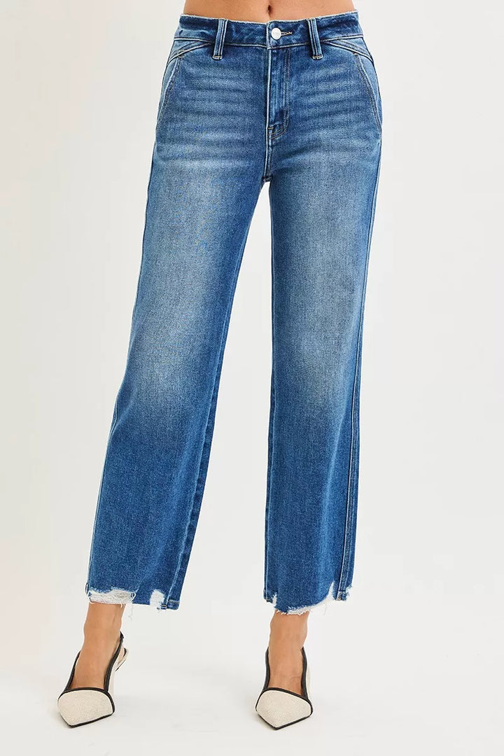 RISEN High Rise Ankle Straight Distressed Hem Detail Jeans - cas7m