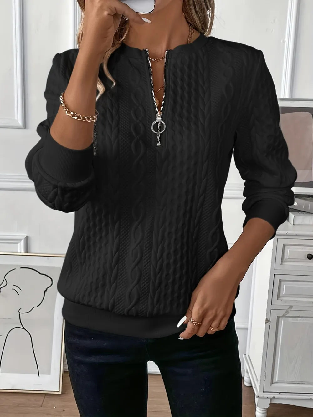 Texture Half Zip Long Sleeve Sweatshirt - cas7m