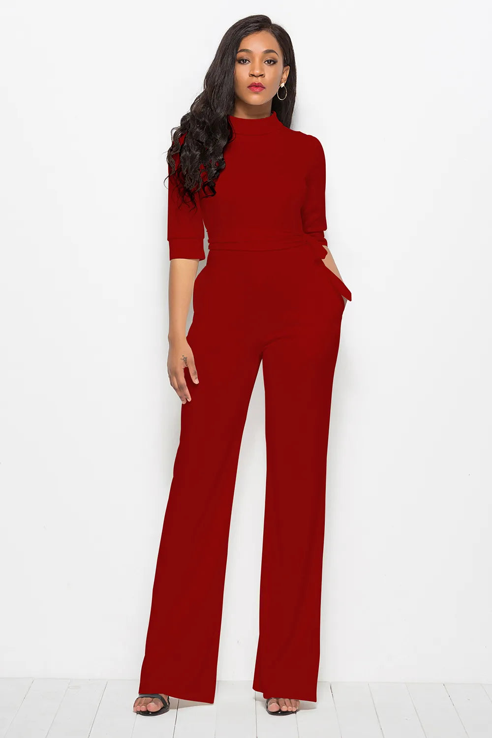 Mock Neck Tie-Waist Half Sleeve Jumpsuit - cas7m