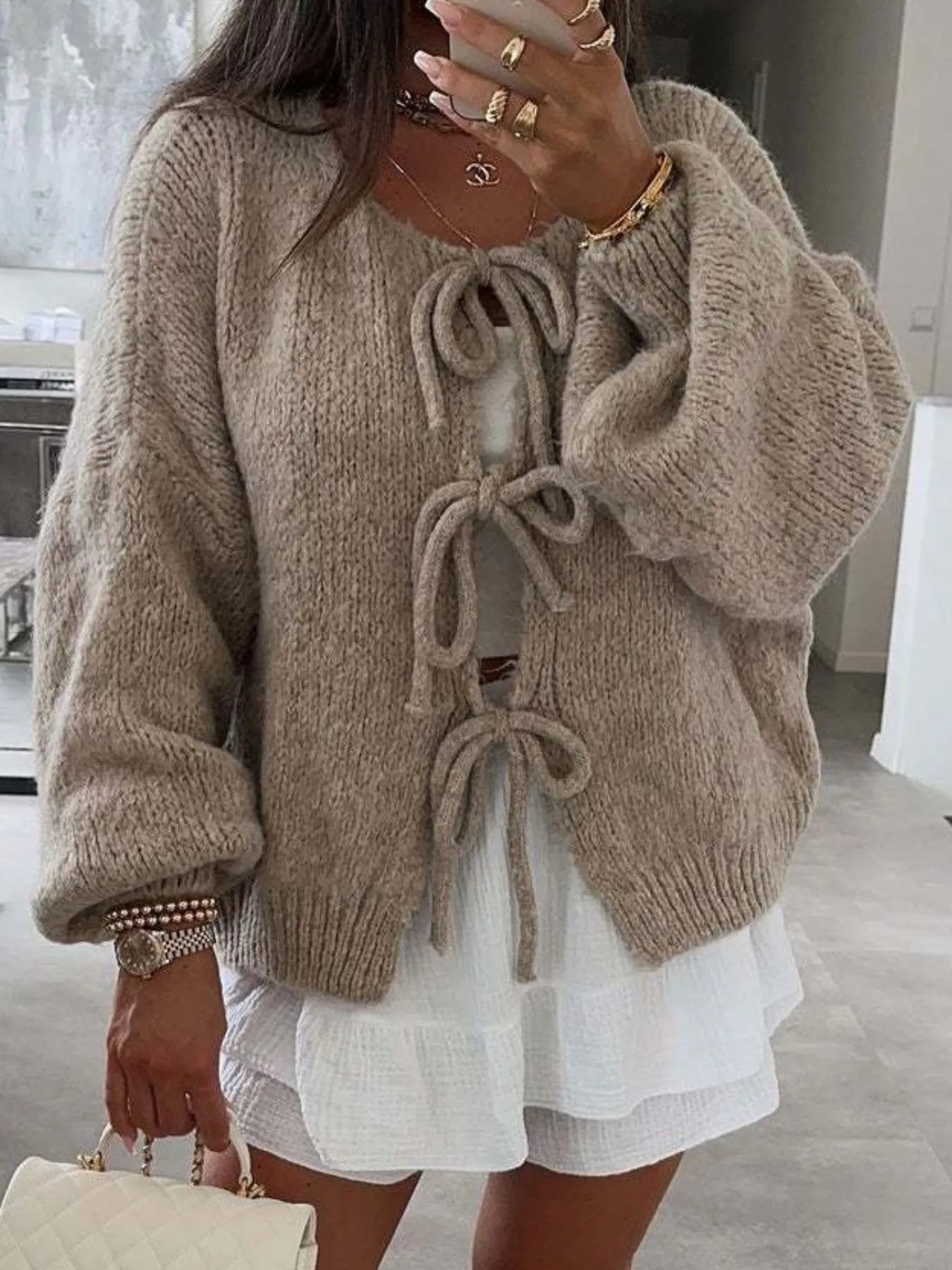 Cozy Bow-Tie Front Knit Cardigan - cas7m