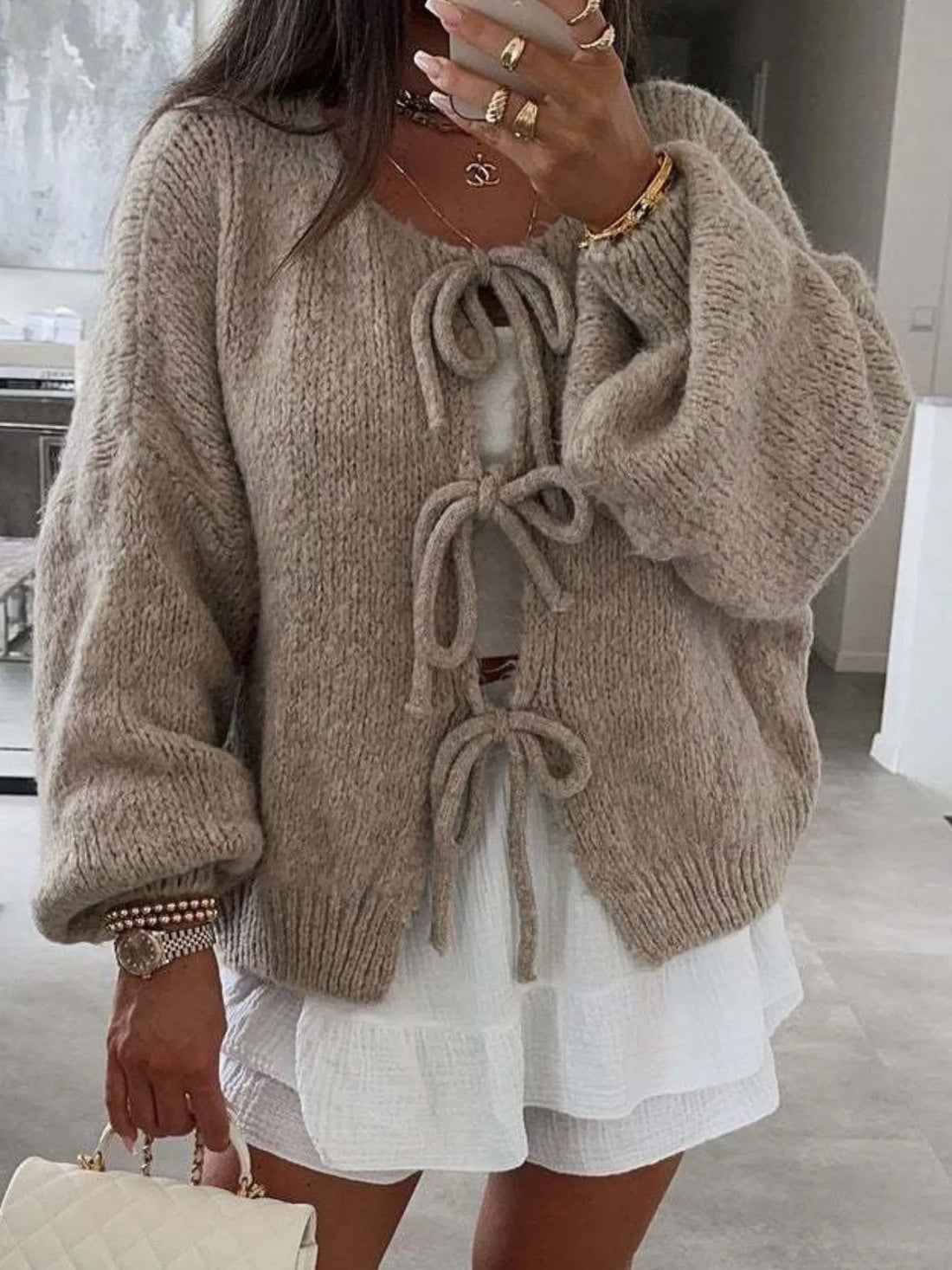 Cozy Bow-Tie Front Knit Cardigan - cas7m