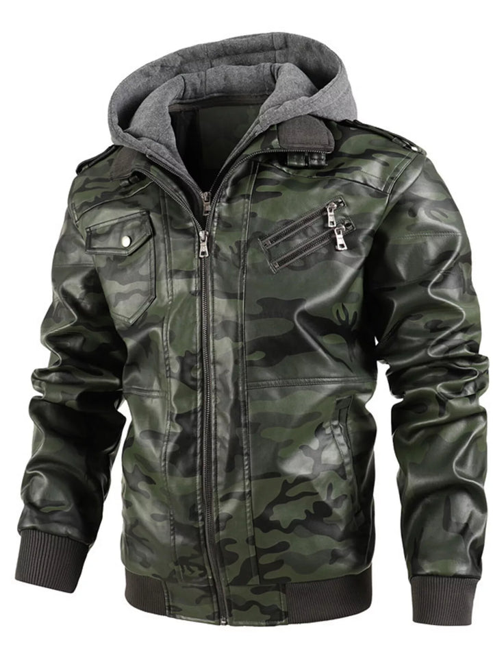 Men's Full Size Camouflage Hooded Faux Leather Jacket Plus Size - cas7m