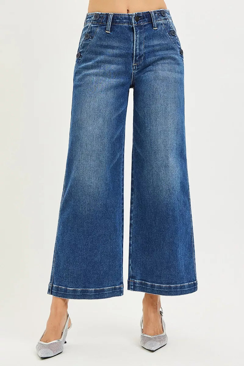 RISEN High Rise Wide Leg Jeans With Pocket Button Detail - cas7m