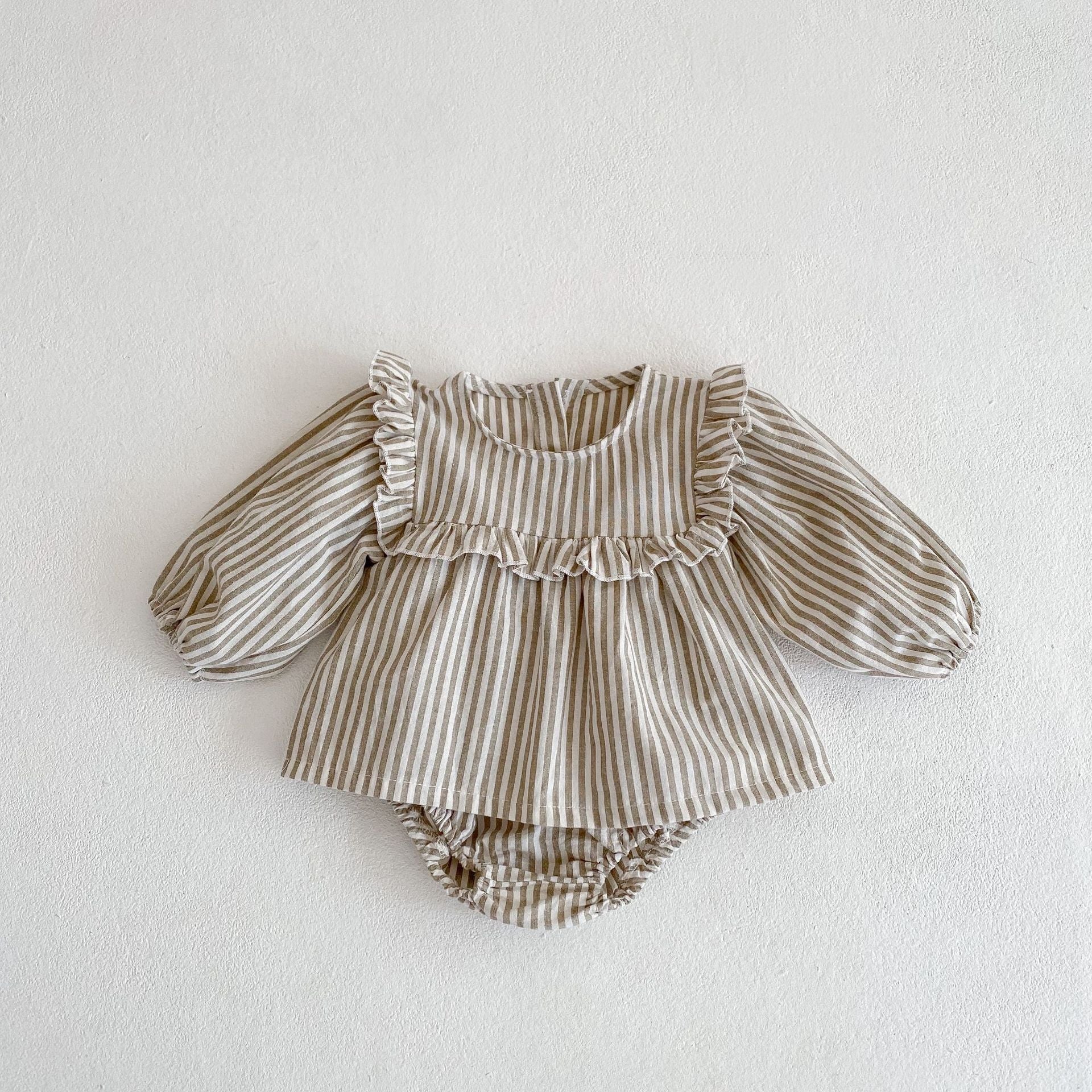 Cotton Baby Ruffle Collar Striped Long Sleeved Skirt Bread Pants Set - cas7m