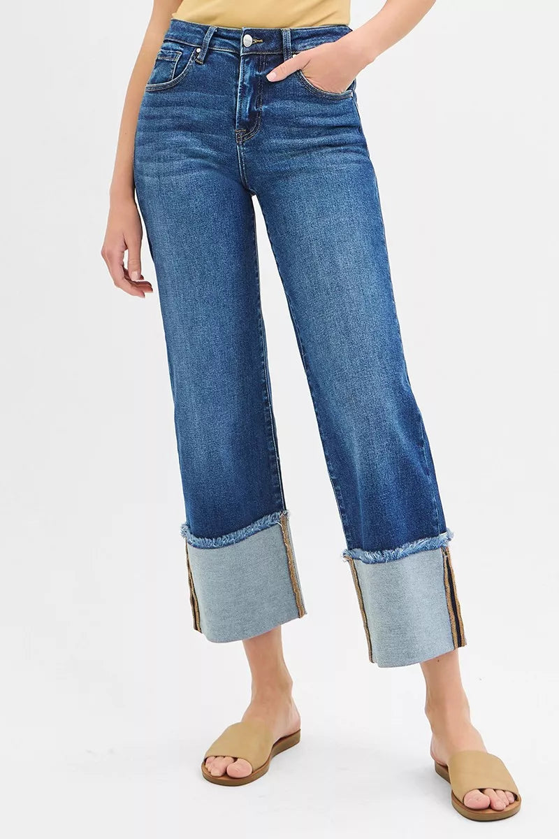 RISEN Full Size Mid Rise Crop Wide Wide Cuffed Jeans Plus Size - cas7m