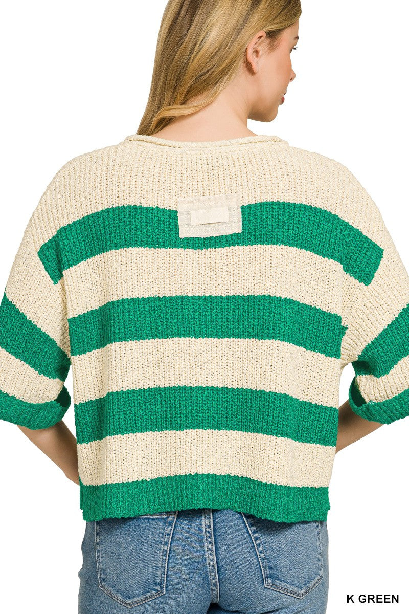 Zenana Split Neck Stripe Sweater - cas7m