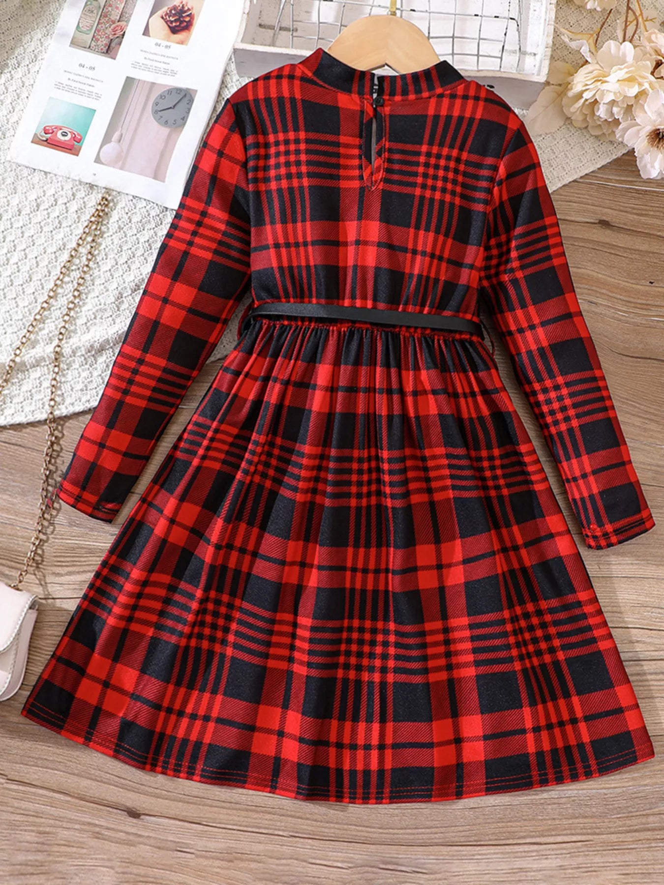 Children's Plaid Print Long Sleeve Dress - cas7m