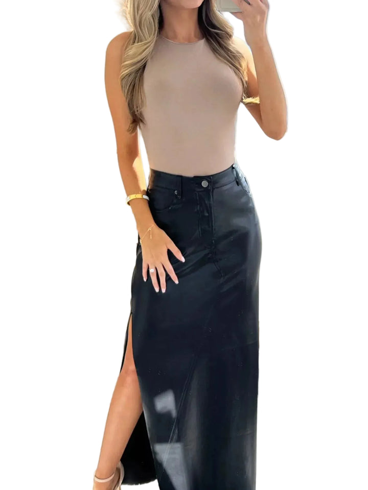 Leather High-Waist Side Slit Maxi Skirt - cas7m