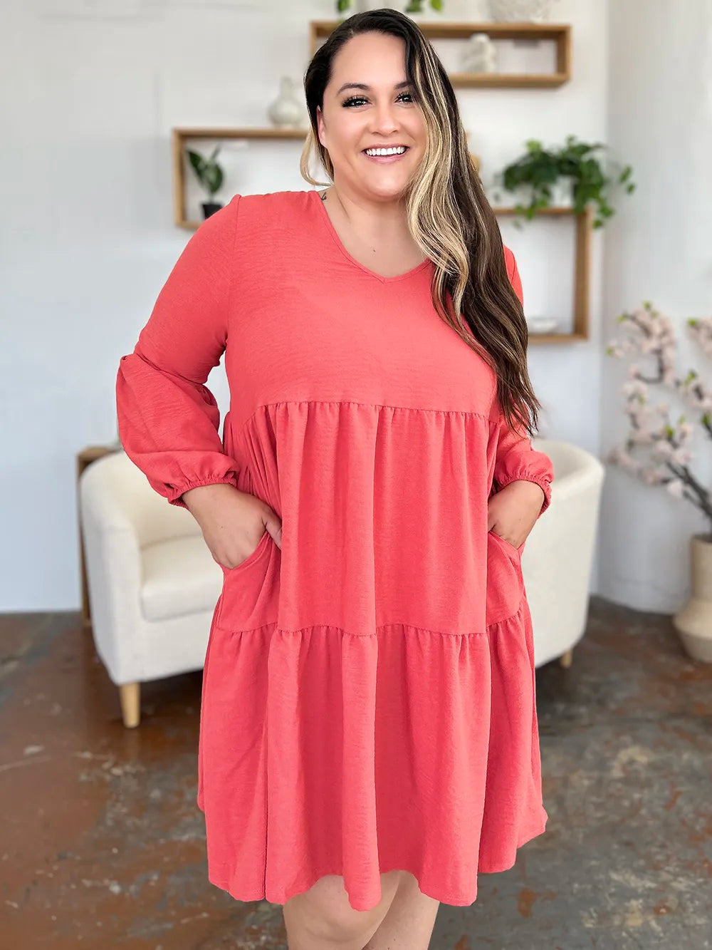 Double Take Full Size V-Neck Balloon Sleeve Tiered Dress with Pockets - cas7m